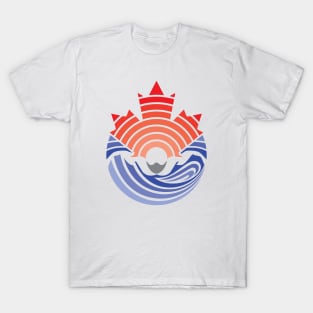 A swimmer performs a Water Butterfly Stroke with a red Canadian Maple Leaf over his head T-Shirt